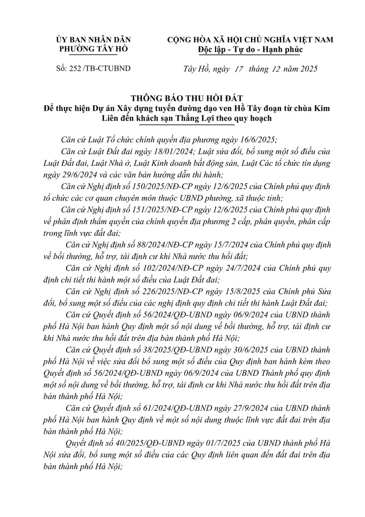 Thông báo thu hồi đất để thực hiện Dự án xây dựng tuyến đường dạo ven Hồ Tây- Ảnh 1.