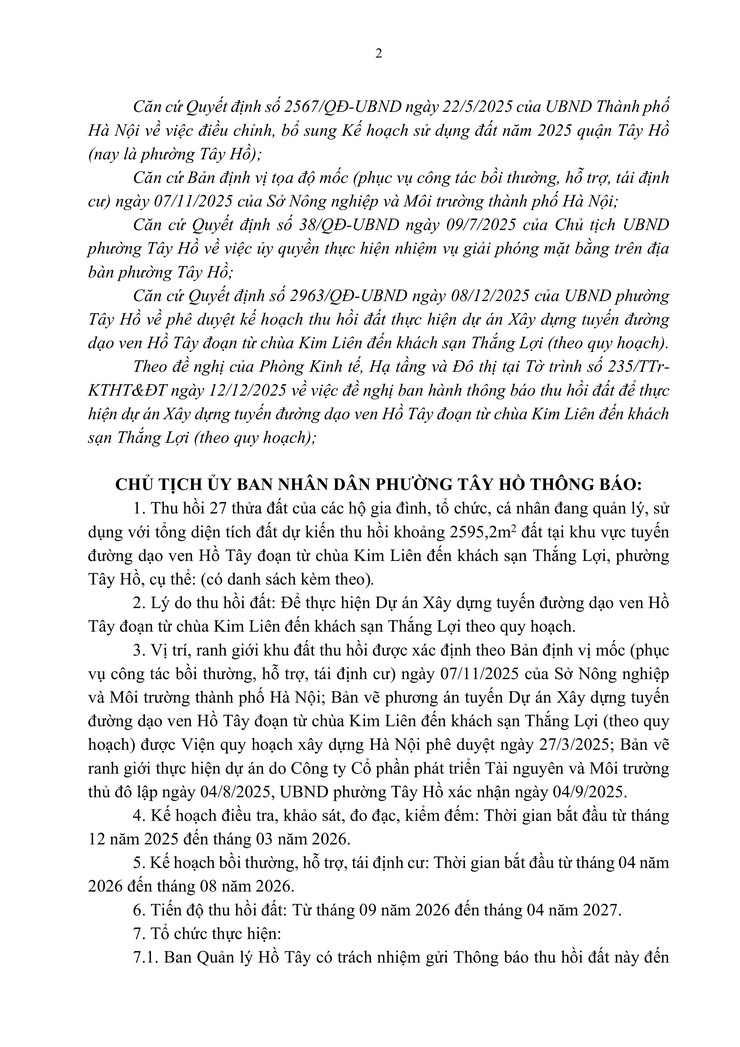Thông báo thu hồi đất để thực hiện Dự án xây dựng tuyến đường dạo ven Hồ Tây- Ảnh 2.