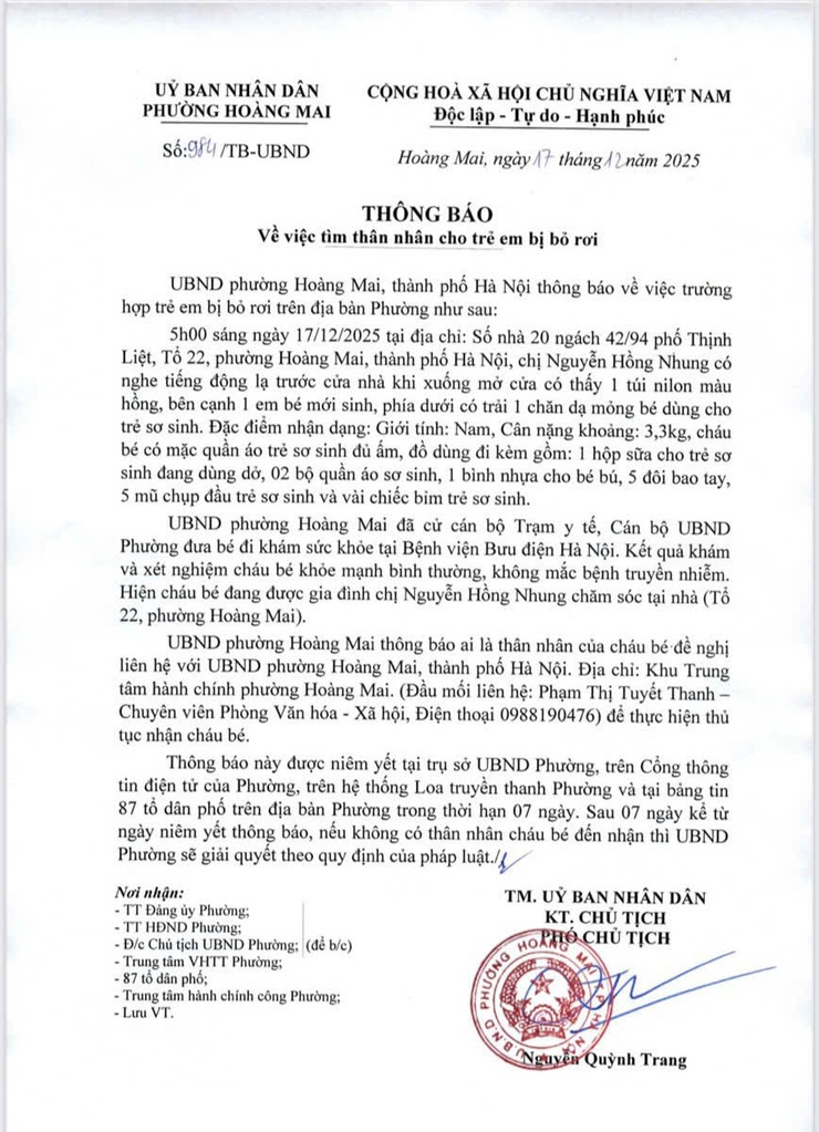 THÔNG BÁO: Về việc tìm thân nhân cho trẻ em bị bỏ rơi- Ảnh 1.