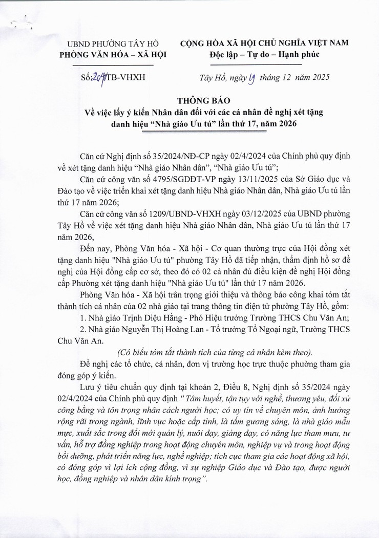Thông báo về việc lấy ý kiến Nhân dân đối với các cá nhân đề nghị xét tặng danh hiệu "Nhà giáo Ưu tú" lần thứ 17, năm 2026- Ảnh 1.