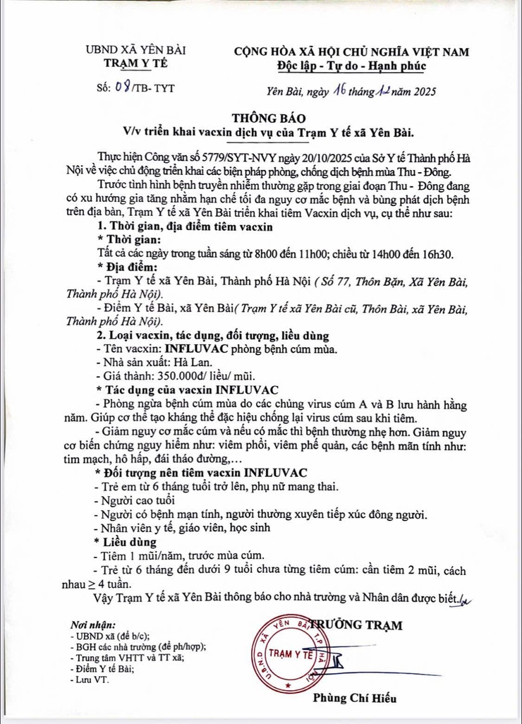 Thông báo về việc triển khai vacxin dịch vụ của Trạm Y tế xã Yên Bài.- Ảnh 1.