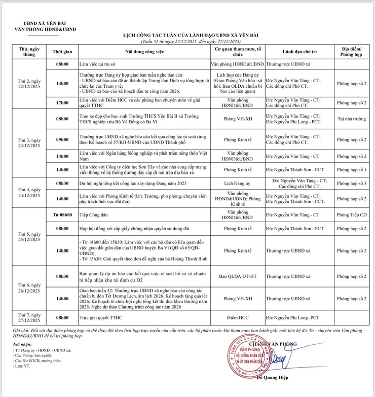 Lịch công tác tuần 52 của UBND xã Yên Bài- Ảnh 1.