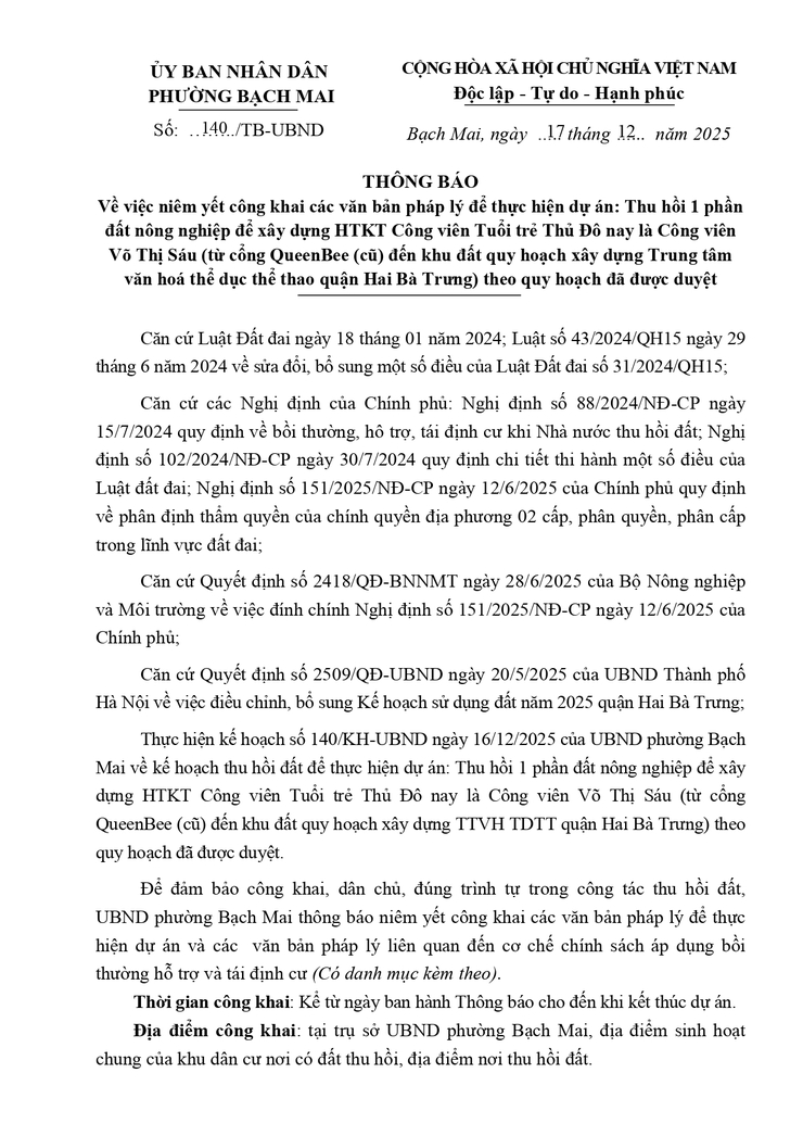 Thông báo về việc niêm yết công khai các văn bản pháp lý để thực hiện dự án:- Ảnh 1.