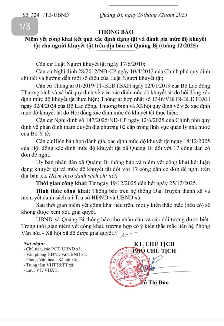 Thông báo của UBND xã Quảng Bị và kết luận dạng khuyết tật và mức độ khuyết tật đối với 17 công dân 

- Ảnh 1.