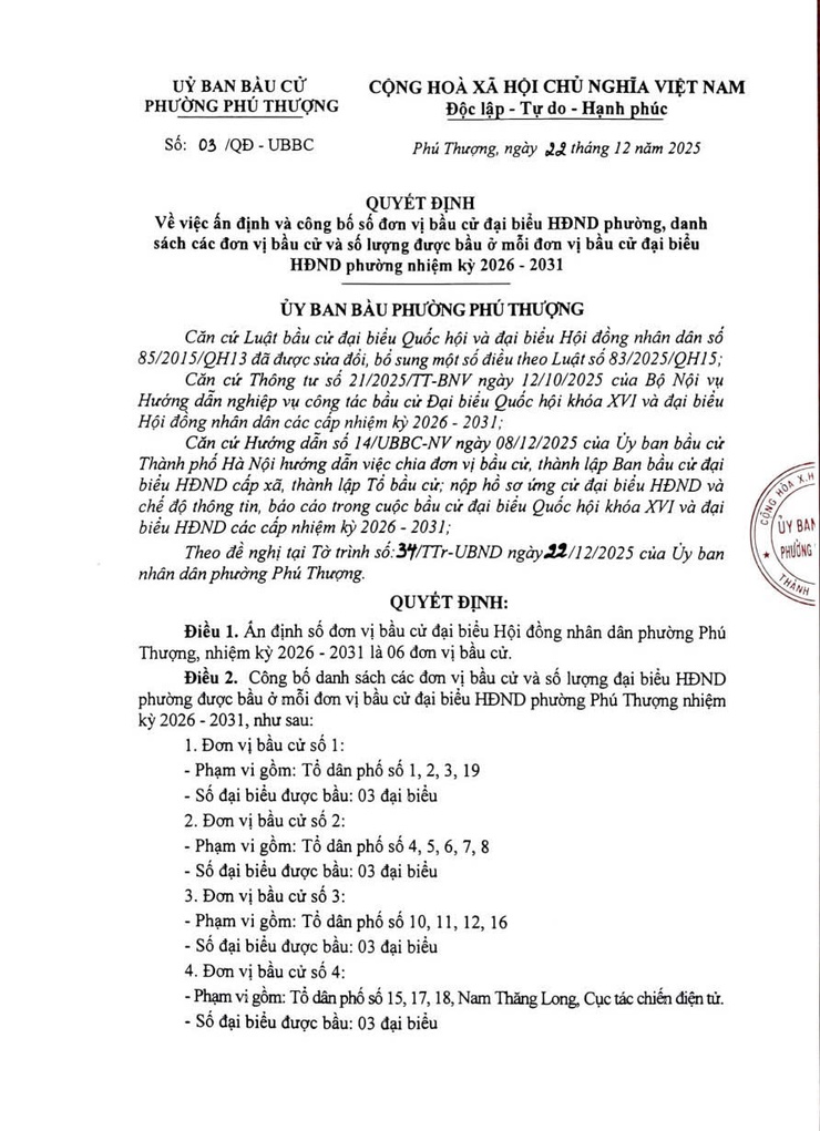 Quyết định về việc ấn định và công bố số đơn vị bầu cử đại biểu HĐND phường, danh sách các đơn vị bầu cử và số lượng được bầu ở mỗi đơn vị bầu cử đại biểu HĐND phường nhiệm kỳ 2026-2031- Ảnh 1.