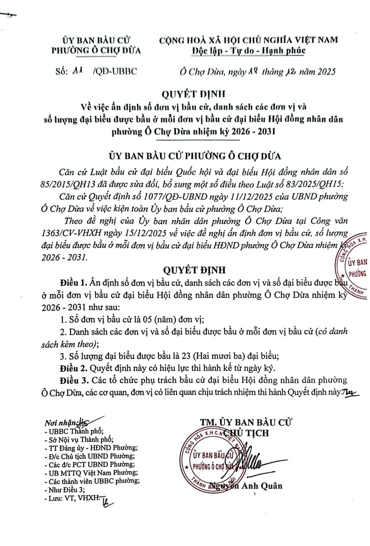 Phường Ô Chợ Dừa sẽ có 05 đơn vị bầu cử và 23 đại biểu Hội đồng nhân dân phường nhiệm kỳ 2026-2031- Ảnh 1.