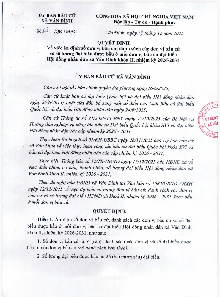 QUYẾT ĐỊNH VỀ VIỆC ẤN ĐỊNH SỐ ĐƠN VỊ BẦU CỬ, DANH SÁCH CÁC ĐƠN VỊ BẦU CỬ VÀ SỐ LƯỢNG ĐẠI BIỂU ĐƯỢC BẦU Ở MỖI ĐƠN VỊ BẦU CỬ ĐẠI BIỂU HĐND XÃ VÂN ĐÌNH KHOÁ II, NHIỆM KỲ 2026 - 2031 - Ảnh 1.
