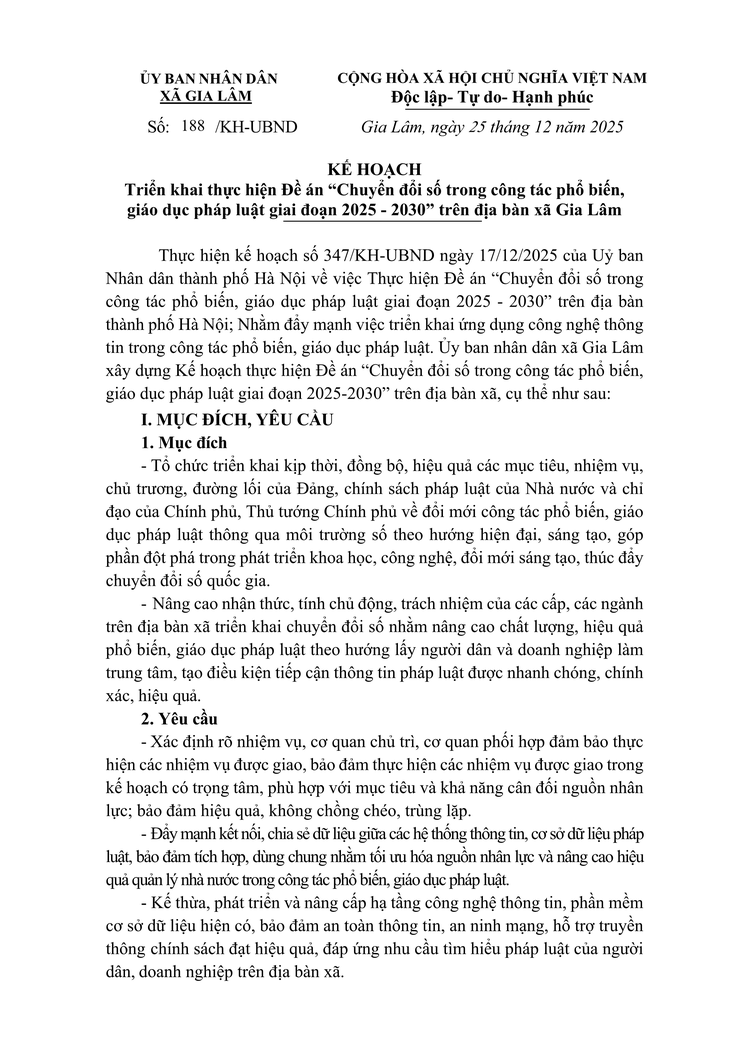 Kế hoạch triển khai thực hiện Đề án “Chuyển đổi số trong công tác phổ biến, giáo dục pháp luật giai đoạn 2025 - 2030” trên địa bàn xã Gia Lâm- Ảnh 1.