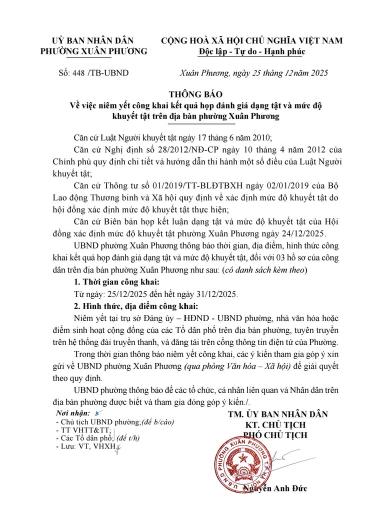 Thông báo số 448/TB-UBND ngày 25/12/2025 của UBND phường Xuân Phương việc niêm yết công khai kết quả họp đánh giá dạng tật và mức độ khuyết tật trên địa bàn phường Xuân Phương- Ảnh 1.