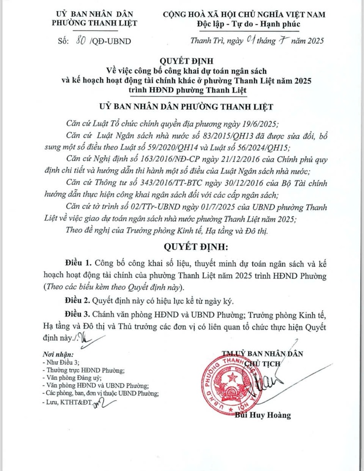 UBND phường Thanh Liệt công bố công khai dự toán ngân sách và kế hoạch hoạt động tài chính khác ở phường Thanh Liệt năm 2025 trình HĐND phường Thanh Liệt
- Ảnh 1.