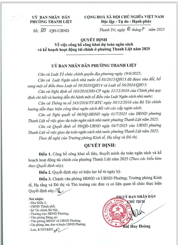 UBND Phường Thanh Liệt công bố công khai dự toán ngân sách và kế hoạch hoạt động tài chính ở phường Thanh Liệt năm 2025  
- Ảnh 1.