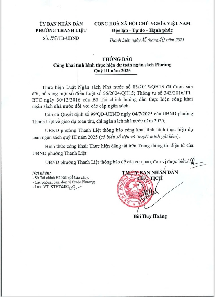 UBND phường Thanh Liệt công khai tình hình thực hiện dự toán ngân sách Phường Quý III năm 2025
- Ảnh 1.