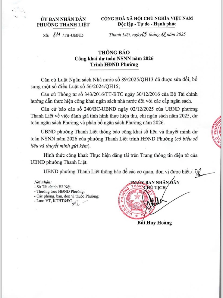 UBND phường Thanh Liệt công khai dự toán ngân sách nhà nước năm 2026 trình HĐND Phường- Ảnh 1.