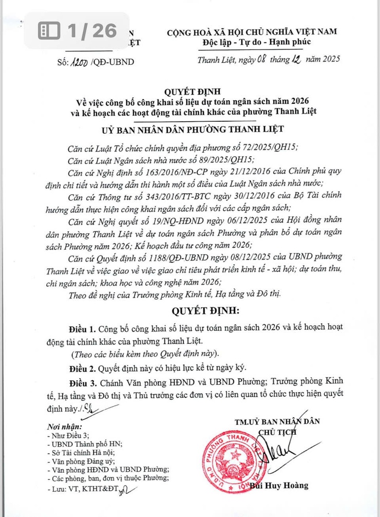 UBND phường Thanh Liệt công bố công khai số liệu dự toán ngân sách năm 2026 và kế hoạch các hoạt động tài chính khác của phường Thanh Liệt- Ảnh 1.