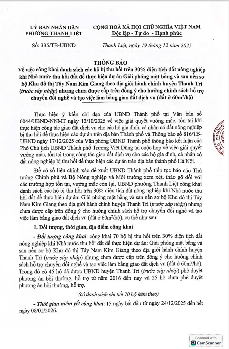 THÔNG BÁO CỦA UBND PHƯỜNG THANH LIỆT- Ảnh 1.