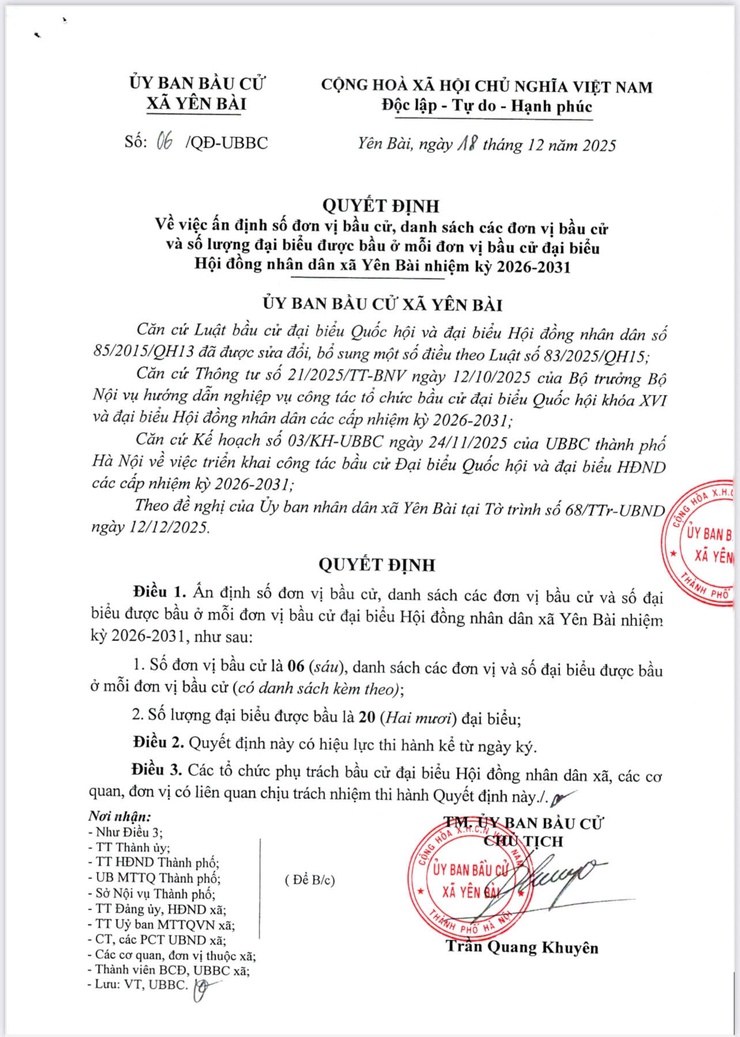 UBBC xã Yên Bài ban hành quyết định số đơn vị bầu cử, danh sách các đơn vị bầu cử và số lượng đại biểu được bầu ở mỗi đơn vị bầu cử đai biểu HĐND xã Yên Bài, nhiệm kỳ 2026-2031- Ảnh 1.