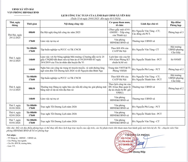 Lịch công tác tuần 53 của UBND xã Yên Bài- Ảnh 1.