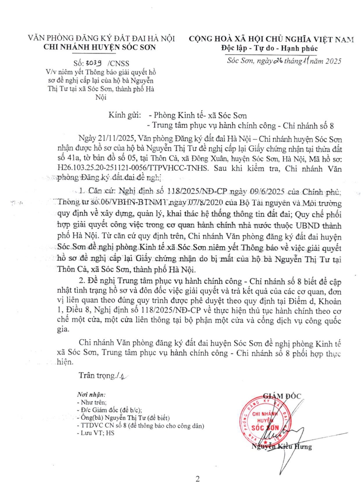 THÔNG BÁO GIẢI QUYẾT HỒ SƠ ĐỀ NGHỊ CẤP LẠI CỦA HỘ BÀ NGUYỄN THỊ TƯ, THÔN CẢ, XÃ SÓC SƠN, TP HÀ NỘI- Ảnh 1.