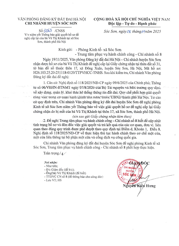 THÔNG BÁO GIẢI QUYẾT HỒ SƠ ĐỀ NGHỊ CẤP LẠI CỦA BÀ VŨ THỊ KHÁNH, THÔN 17, XÃ SÓC SƠN, TP HÀ NỘI- Ảnh 1.