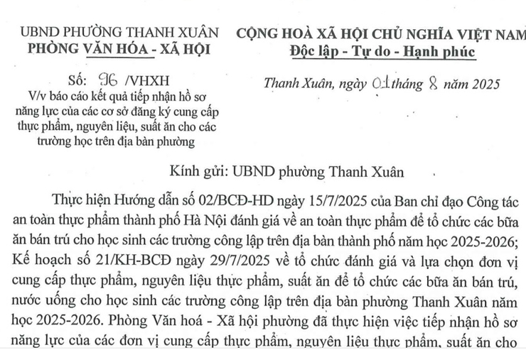Kết quả tiếp nhận hồ sơ năng lực của các cơ sở đăng ký cung cấp thực phẩm, nguyên liệu, suất ăn cho các trường học trên địa bàn phường Thanh Xuân- Ảnh 1.