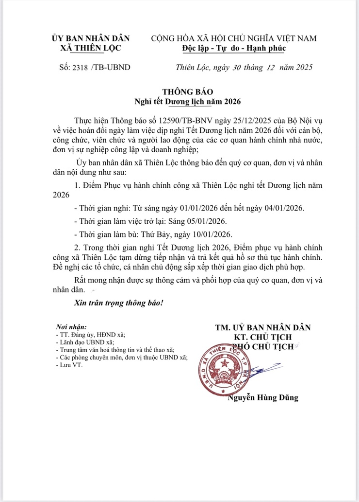 UBND XÃ THIÊN LỘC THÔNG BÁO NGHỈ TẾT DƯƠNG LỊCH NĂM 2026- Ảnh 1.