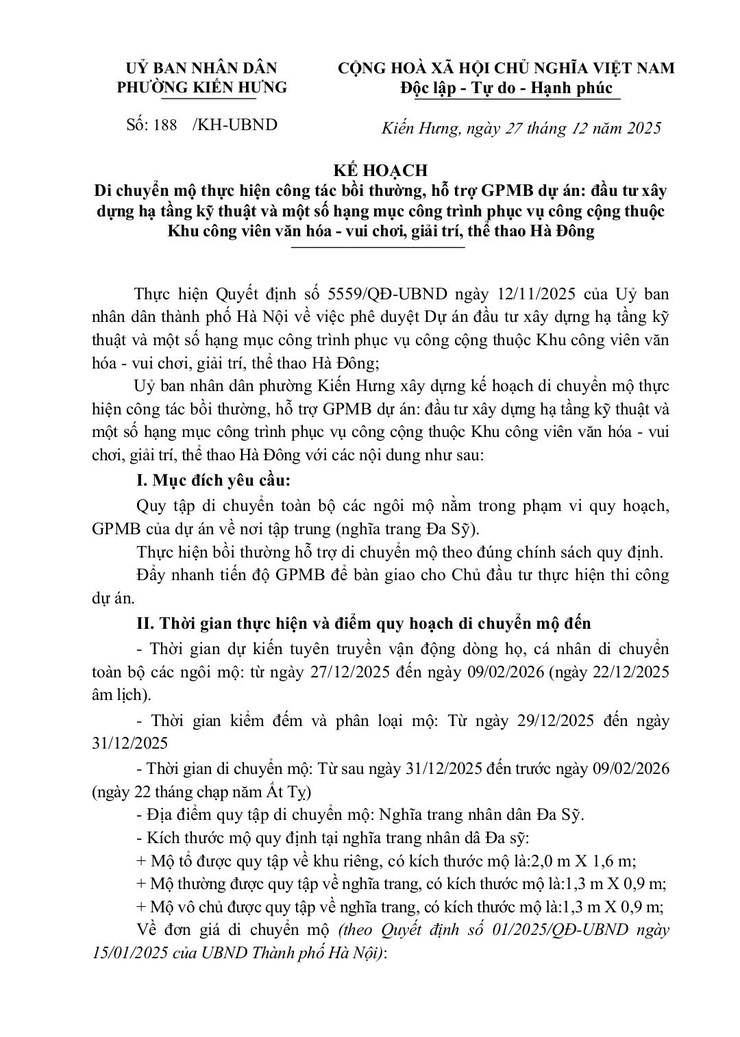 Kế hoạch di chuyển mộ thực hiện công tác bồi thường, hỗ trợ GPMB dự án Khu công viên văn hóa - vui chơi, giải trí, thể thao Hà Đông thuộc Phường Kiến Hưng.- Ảnh 1.