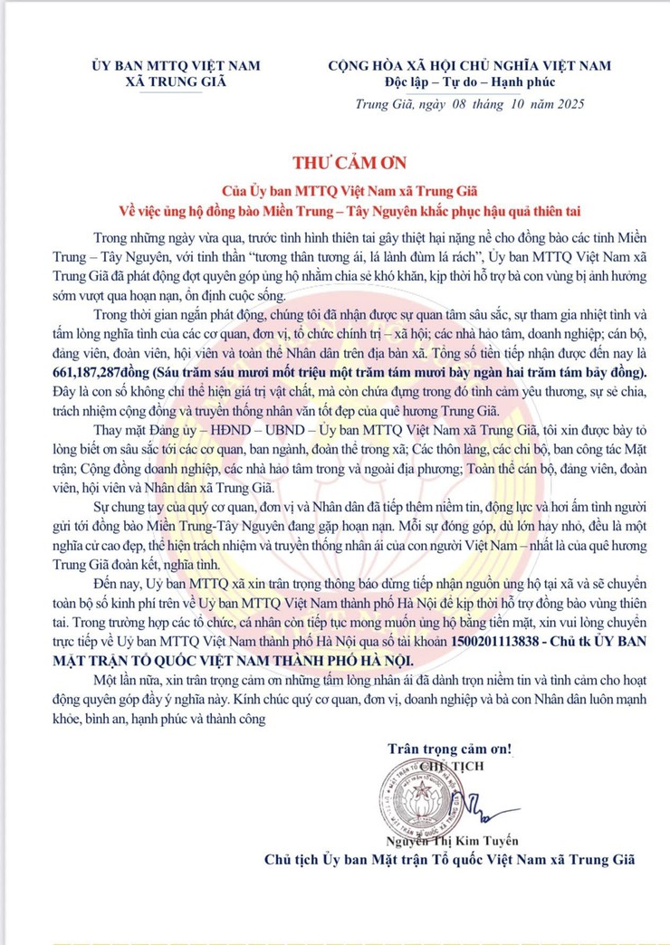 CÁN BỘ VÀ NHÂN DÂN XÃ TRUNG GIÃ ỦNG HỘ ĐỒNG BÀO MIỀN TRUNG - TÂY NGUYÊN- TỔNG SỐ TIỀN LÀ 661.187.287 ĐỒNG- Ảnh 1.