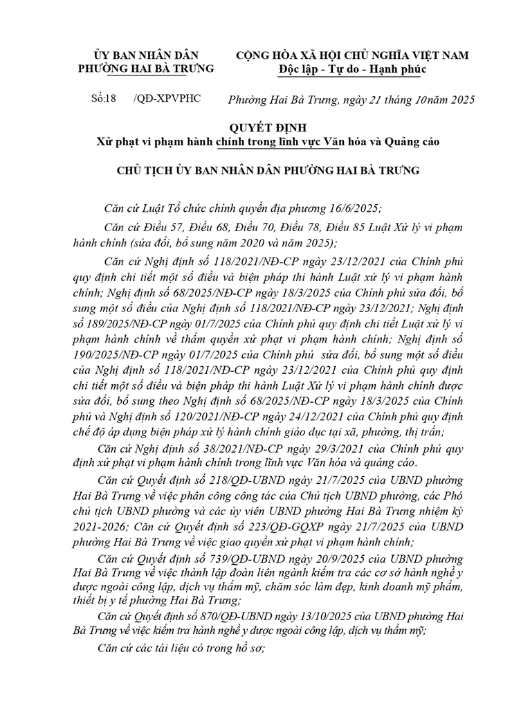 Xử phạt vi phạm hành chính đối với Hộ kinh doanh The Sen - Tầng 1-2, số 341 Phố Huế, phường Hai Bà Trưng, thành phố Hà Nội.- Ảnh 1.