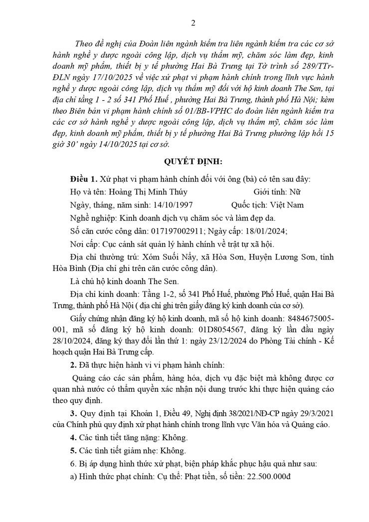 Xử phạt vi phạm hành chính đối với Hộ kinh doanh The Sen - Tầng 1-2, số 341 Phố Huế, phường Hai Bà Trưng, thành phố Hà Nội.- Ảnh 2.