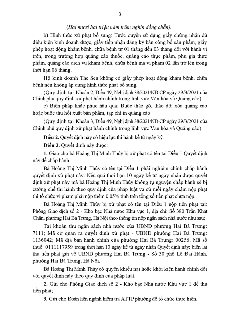 Xử phạt vi phạm hành chính đối với Hộ kinh doanh The Sen - Tầng 1-2, số 341 Phố Huế, phường Hai Bà Trưng, thành phố Hà Nội.- Ảnh 3.