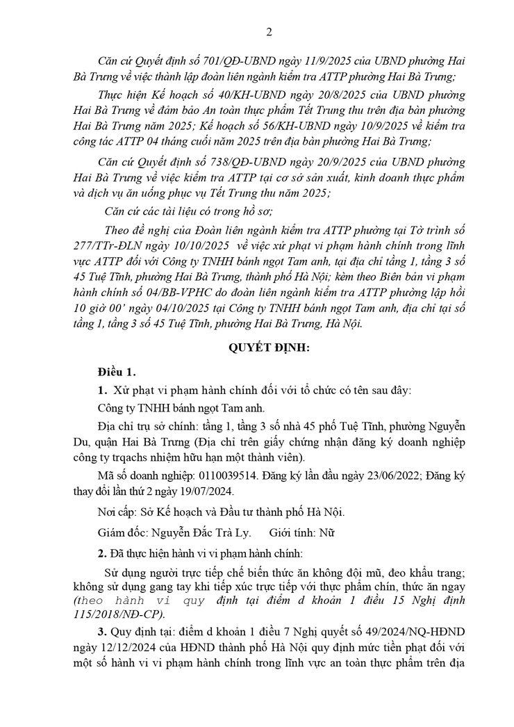 Xử phạt vi phạm hành chính đối với tổ chức Công ty TNHH bánh ngọt Tam Anh - Địa chỉ trụ sở chính: tầng 1, tầng 3 số nhà 45 phố Tuệ Tĩnh, phường Nguyễn Du, quận Hai Bà Trưng - Ảnh 2.