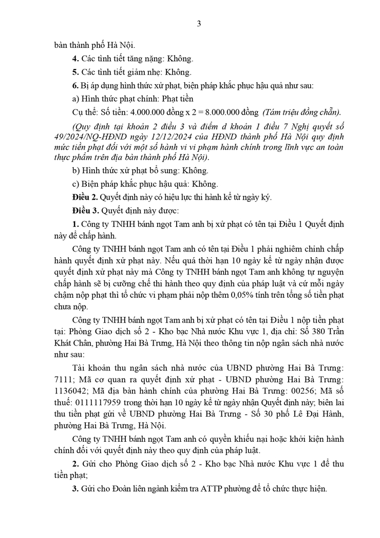 Xử phạt vi phạm hành chính đối với tổ chức Công ty TNHH bánh ngọt Tam Anh - Địa chỉ trụ sở chính: tầng 1, tầng 3 số nhà 45 phố Tuệ Tĩnh, phường Nguyễn Du, quận Hai Bà Trưng - Ảnh 3.
