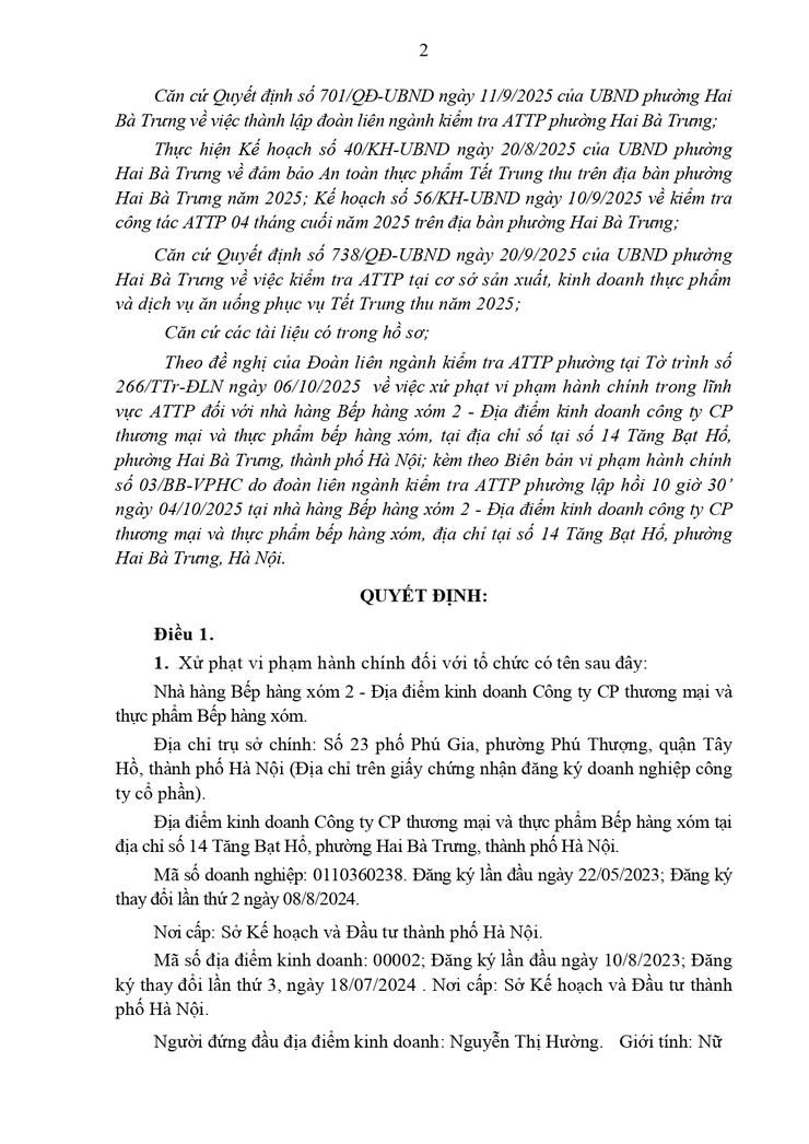 Xử phạt vi phạm hành chính đối với tổ chức Nhà hàng Bếp hàng xóm 2 - Địa điểm kinh doanh Công ty CP thương mại và thực phẩm Bếp hàng xóm - địa chỉ số 14 Tăng Bạt Hổ, phường Hai Bà Trưng, thành phố Hà Nội.- Ảnh 2.