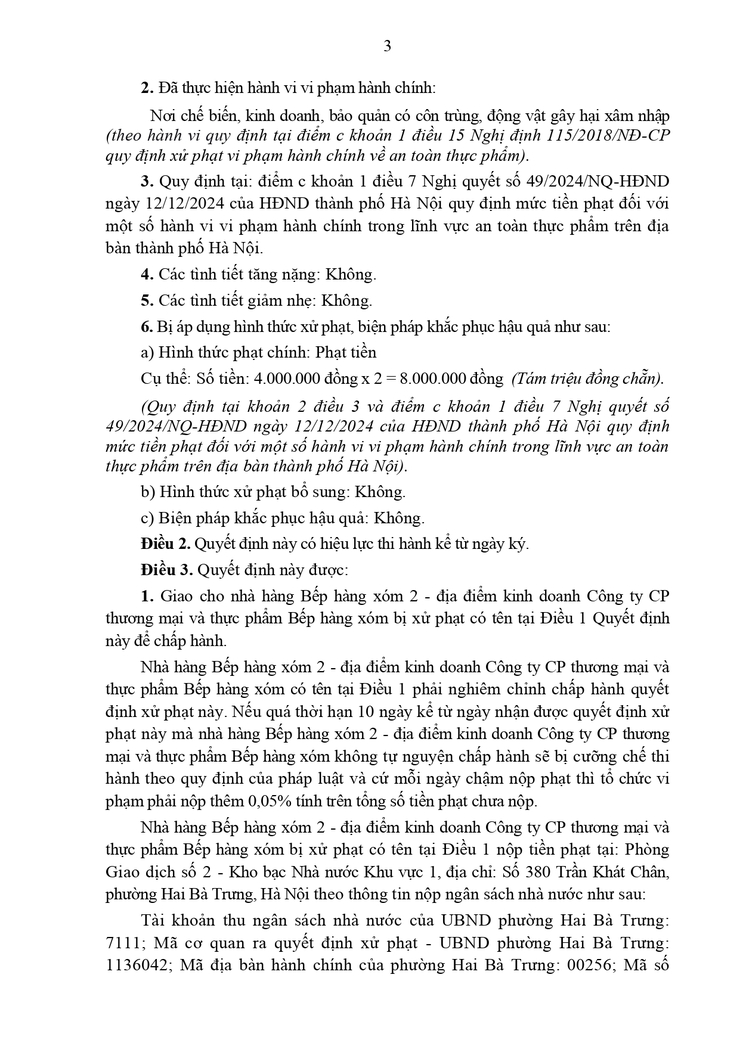 Xử phạt vi phạm hành chính đối với tổ chức Nhà hàng Bếp hàng xóm 2 - Địa điểm kinh doanh Công ty CP thương mại và thực phẩm Bếp hàng xóm - địa chỉ số 14 Tăng Bạt Hổ, phường Hai Bà Trưng, thành phố Hà Nội.- Ảnh 3.