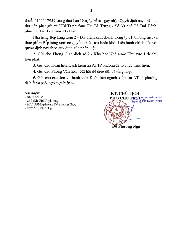 Xử phạt vi phạm hành chính đối với tổ chức Nhà hàng Bếp hàng xóm 2 - Địa điểm kinh doanh Công ty CP thương mại và thực phẩm Bếp hàng xóm - địa chỉ số 14 Tăng Bạt Hổ, phường Hai Bà Trưng, thành phố Hà Nội.- Ảnh 4.