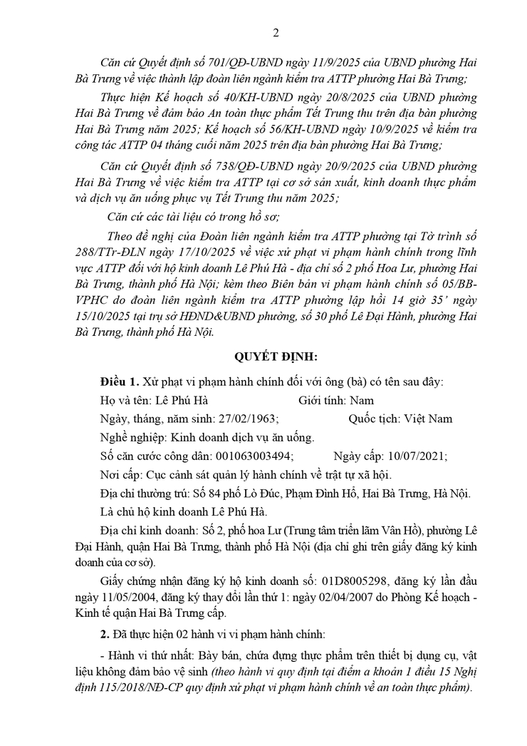 Xử phạt vi phạm hành chính đối với ông Lê Phú Hà (Địa chỉ kinh doanh: Số 2, phố hoa Lư  -Trung tâm triển lãm Vân Hồ -, phường Lê Đại Hành, quận Hai Bà Trưng, thành phố Hà Nội.- Ảnh 2.
