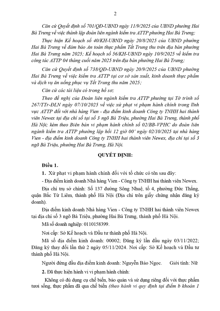 Xử phạt vi phạm hành chính đối với Địa điểm kinh doanh Nhà hàng Vien - Công ty TNHH hai thành viên Newex - tại địa chỉ số 3 ngõ Bà Triệu, phường Hai Bà Trưng, thành phố Hà Nội. - Ảnh 2.