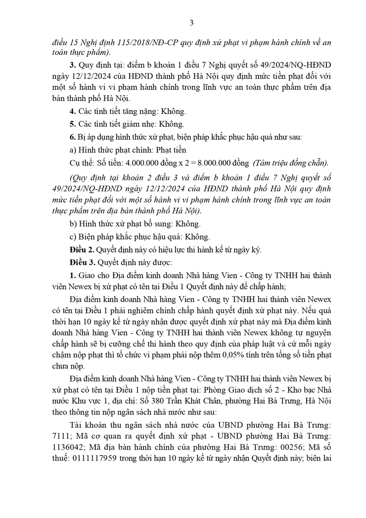 Xử phạt vi phạm hành chính đối với Địa điểm kinh doanh Nhà hàng Vien - Công ty TNHH hai thành viên Newex - tại địa chỉ số 3 ngõ Bà Triệu, phường Hai Bà Trưng, thành phố Hà Nội. - Ảnh 3.