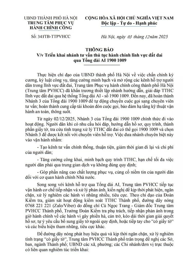 Trung tâm Phục vụ hành chính công Thành phố triển khai nhánh tư vấn thủ tục hành chính lĩnh vực đất đai qua Tổng đài AI 1900 1009- Ảnh 1.