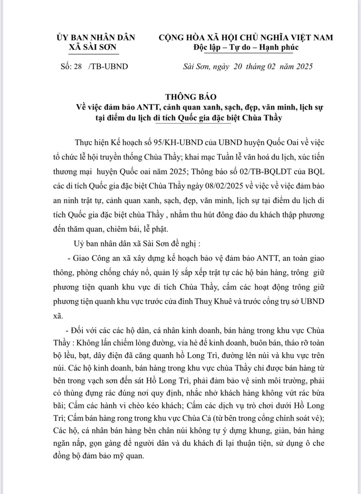 THÔNG BÁO VỀ VIỆC ĐẢM BẢO ANTT TẠI ĐIỂM DU LỊCH DI TÍCH QUỐC GIA ĐẶC BIỆT CHÙA THẦY- Ảnh 1.