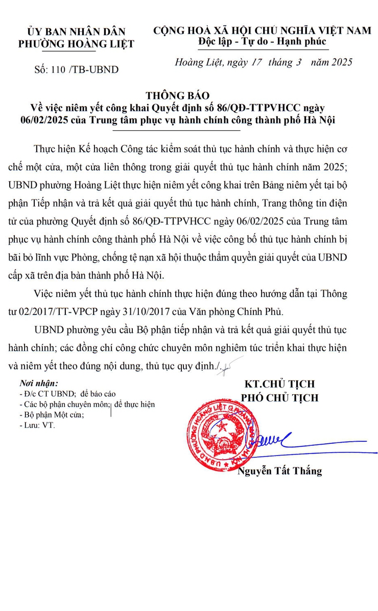 Thông báo Về việc niêm yết công khai Quyết định số 86/QĐ-TTPVHCC ngày 06/02/2025 của Trung tâm phục vụ hành chính công thành phố Hà Nội
- Ảnh 1.