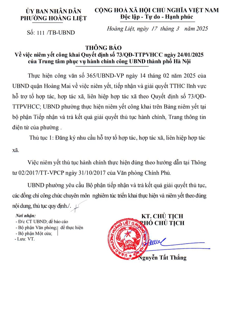 Thông báo Về việc niêm yết công khai Quyết định số 73/QĐ-TTPVHCC ngày 24/01/2025 của Trung tâm phục vụ hành chính công UBND thành phố Hà Nội
- Ảnh 1.