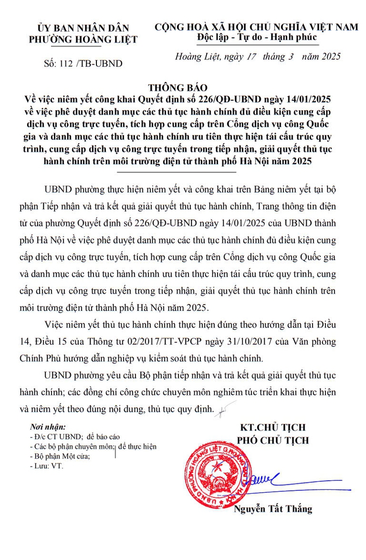 Thông báo Về việc niêm yết công khai Quyết định số 226/QĐ-UBND ngày 14/01/2025 của UBND thành phố Hà Nội- Ảnh 1.