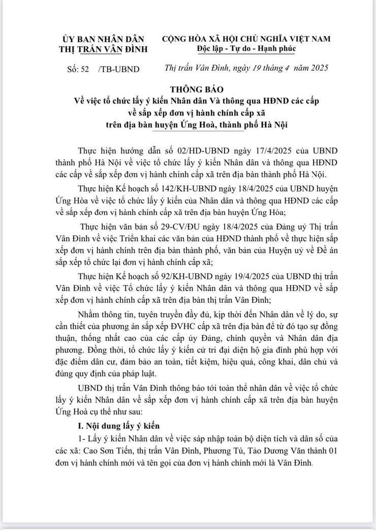 Thông báo V/v tổ chức lấy ý kiến Nhân dân Và thông qua HĐND các cấp về sắp xếp đơn vị hành chính cấp xã trên địa bàn huyện Ứng Hoà, thành phố Hà Nội- Ảnh 1.