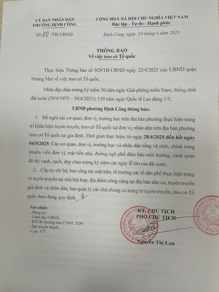 Thông báo của UBND phường Định Công về việc treo cờ Tổ quốc chào mừng kỷ niệm 50 năm Giải phóng hoàn toàn Miền Nam thống nhất đất nước (30/4/1975-30/4/2025) và kỷ niệm 139 năm ngày Quốc tế Lao động 1/5.- Ảnh 1.