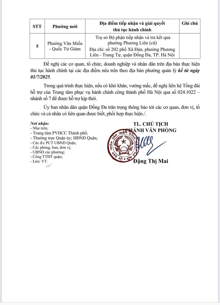 Thông báo địa điểm tiếp nhận và giải quyết thủ tục hành chính của 5 đơn vị hành chính cấp phường mới tại quận Đống Đa - thành phố Hà Nội- Ảnh 2.