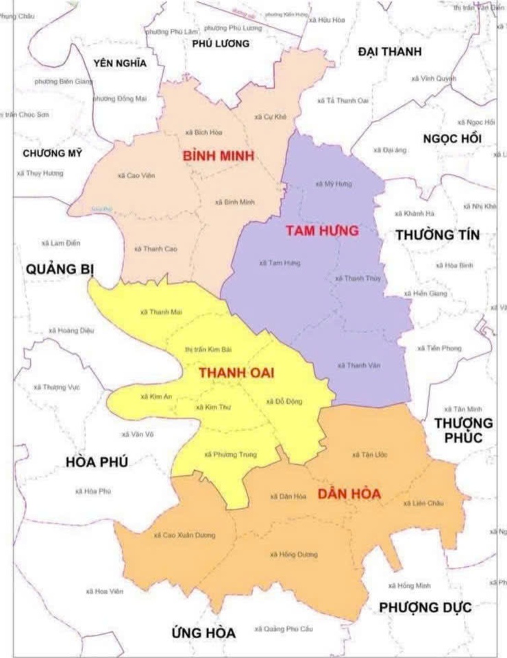 sắp xếp đơn vị hành chính cấp xã của thành phố Hà Nội, huyện Thanh Oai thành lập 4 đơn vị hành chính cấp xã, gồm: Thanh Oai, Bình Minh, Tam Hưng, Dân Hoà.- Ảnh 1.