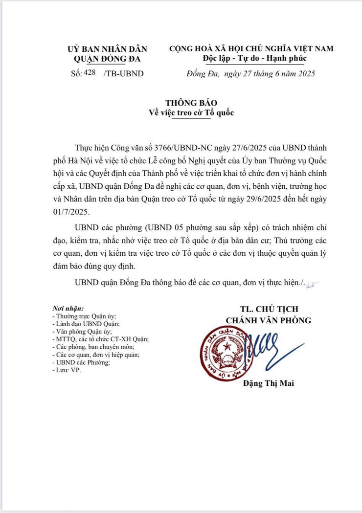 Thông báo về việc Treo cờ Tổ quốc chào mừng lễ công bố Nghị quyết về tổ chức đơn vị hành chính cấp xã- Ảnh 1.