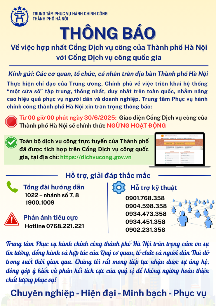 Thông báo hợp nhất Cổng Dịch vụ công của Thành phố Hà Nội với Cổng Dịch vụ công quốc gia- Ảnh 1.