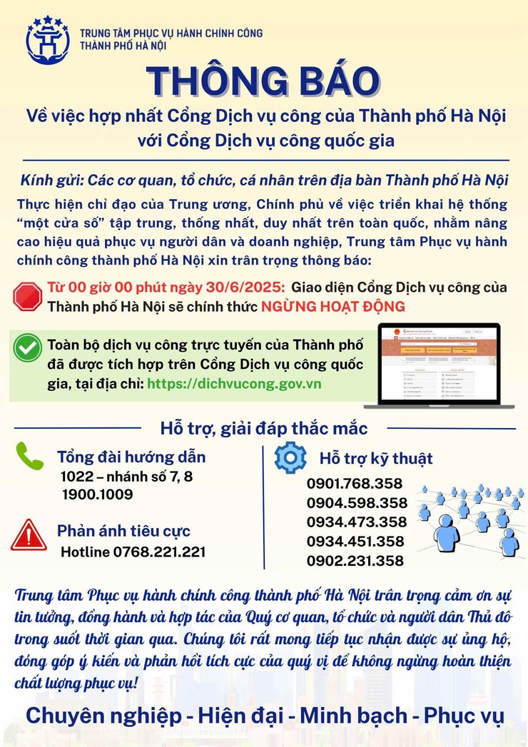 Thông báo về việc hợp nhất Cổng Dịch vụ công của Thành phố Hà Nội với Cổng Dịch vụ công quốc gia- Ảnh 1.